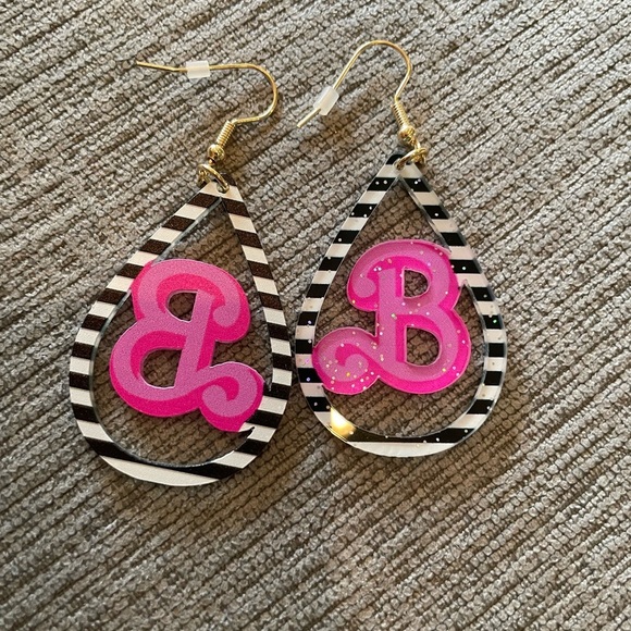 Barbie Black and White Striped Teardrop Acrylic Earrings with Pink “B” - Picture 2 of 2